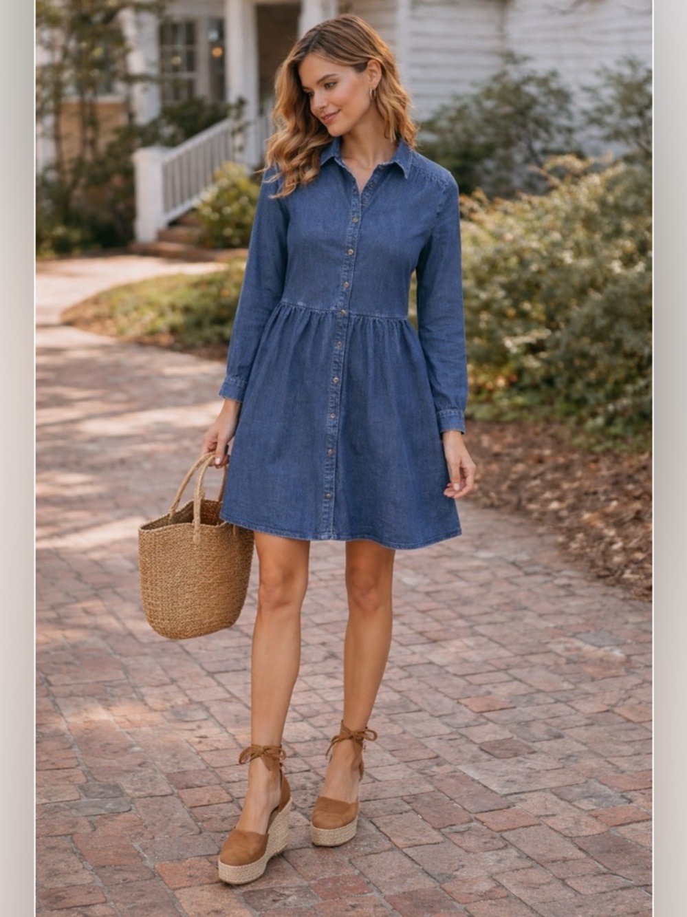Sézane Leana Denim Shirt Dress Button Front Chambray Tiered Mini Long Sleeve - Picture 3 of 14